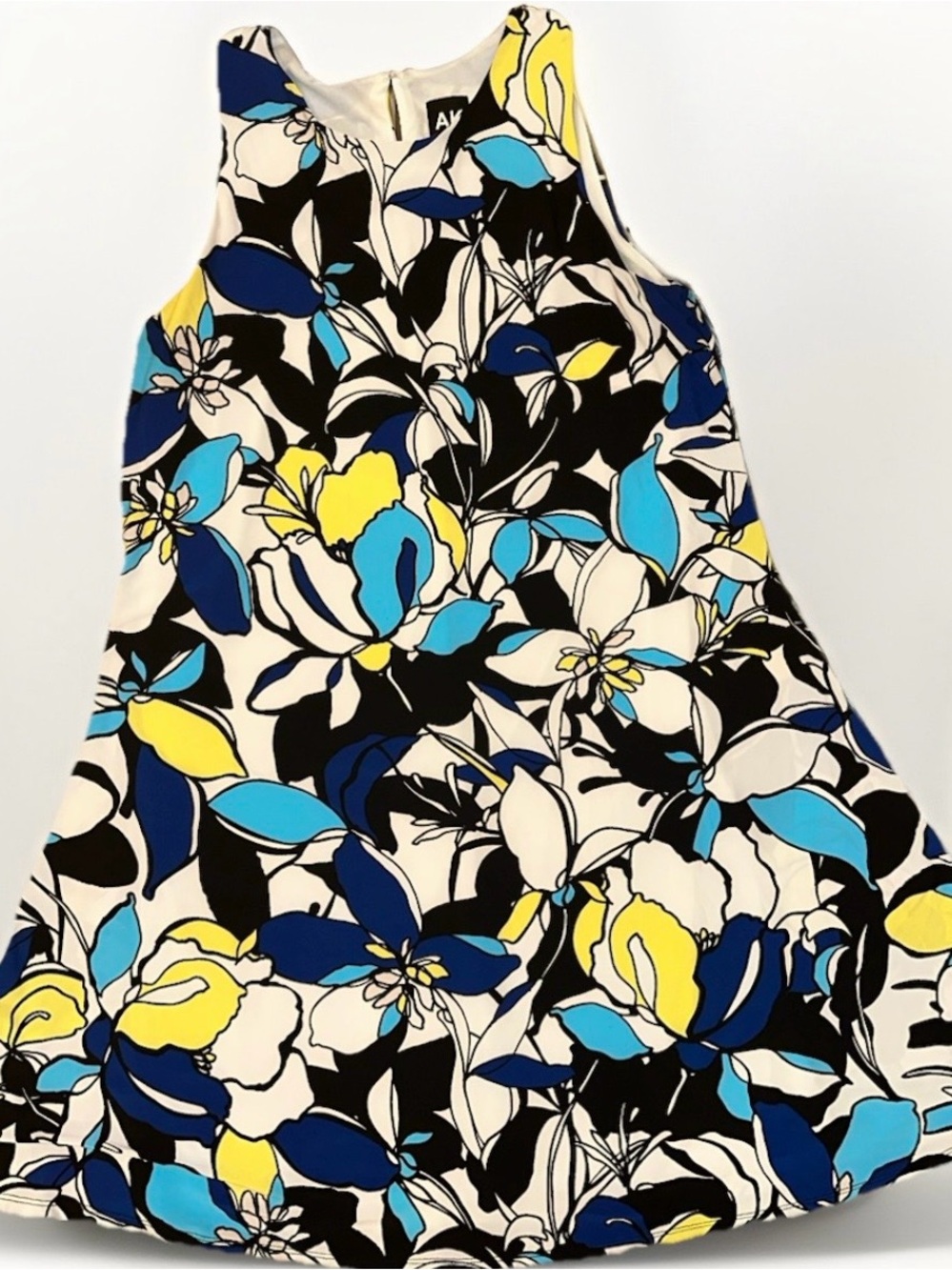 Anne Klein White Floral A-Line Dress with Blue and Yellow Accents